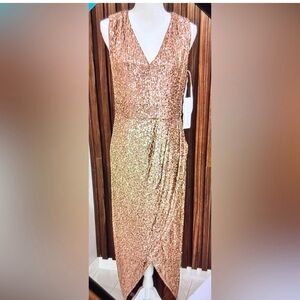 NWT Calvin Klein Draped High-Low Maxi Sequin in Gold Gown - Sz 10
